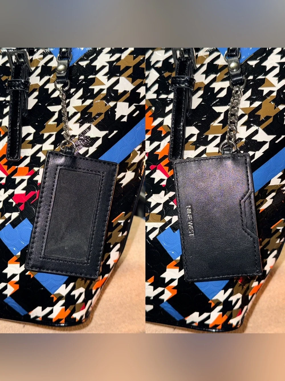 Nine West Black Patent Houndstooth Tote with Blue & Orange Accents & ID Wallet